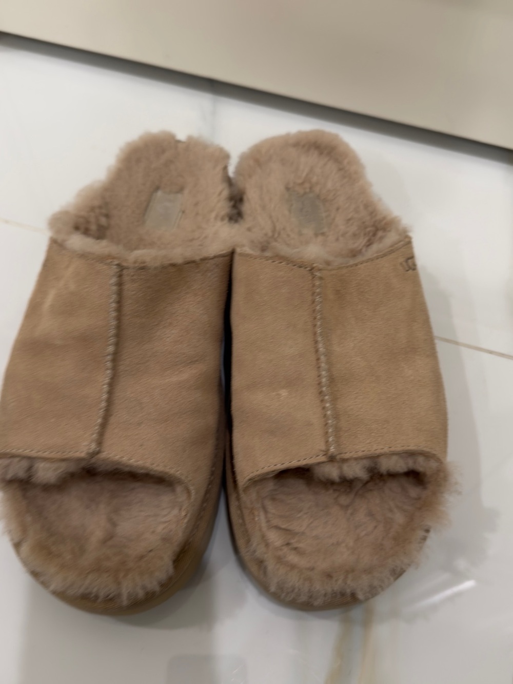 UGG Women's Open-Toe Shearling Slide Slippers in Taupe